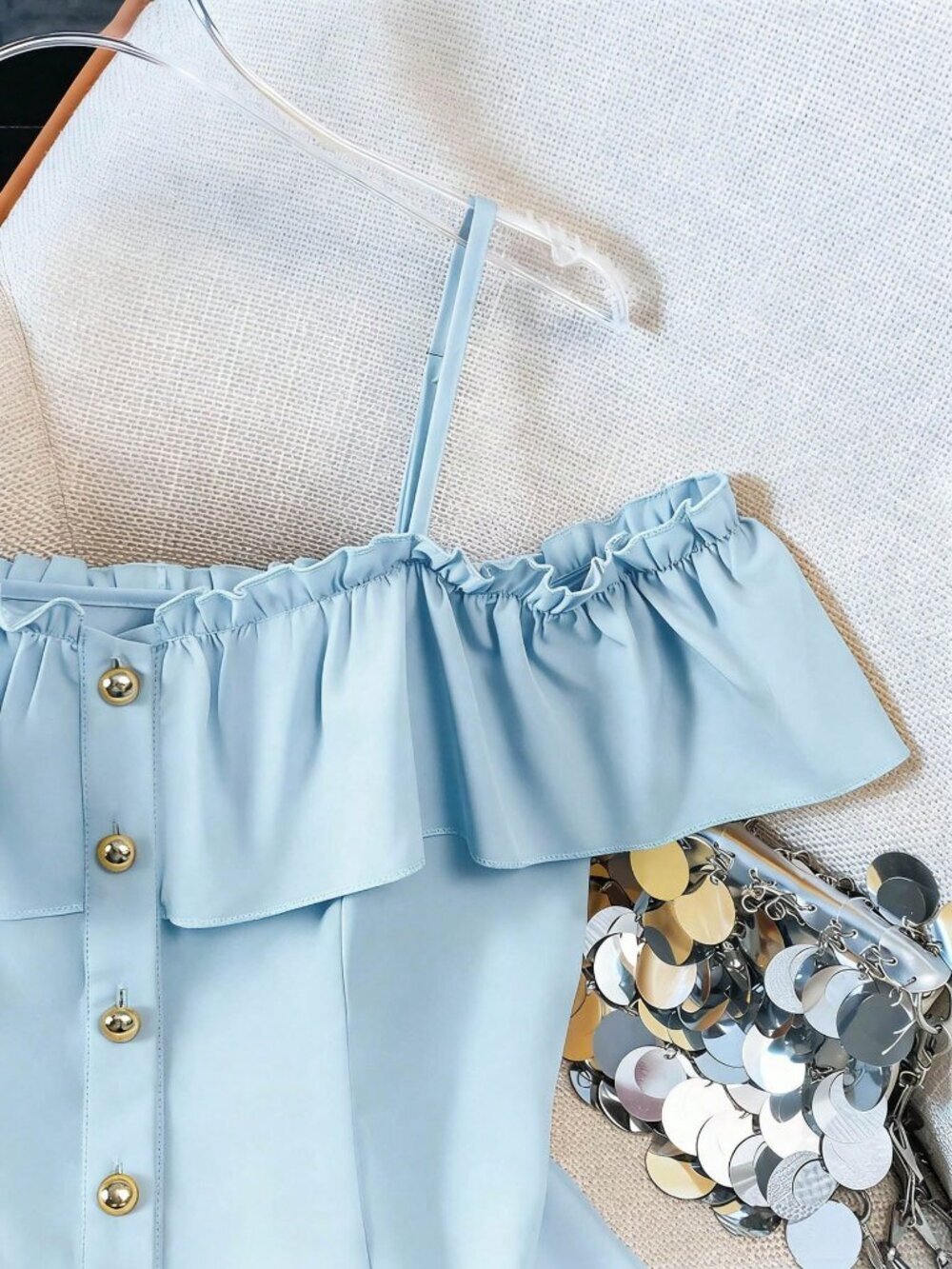 Blue Casual Women's Ruffle Trim Off-Shoulder Single-Breasted Blouse - Picture 3 of 3